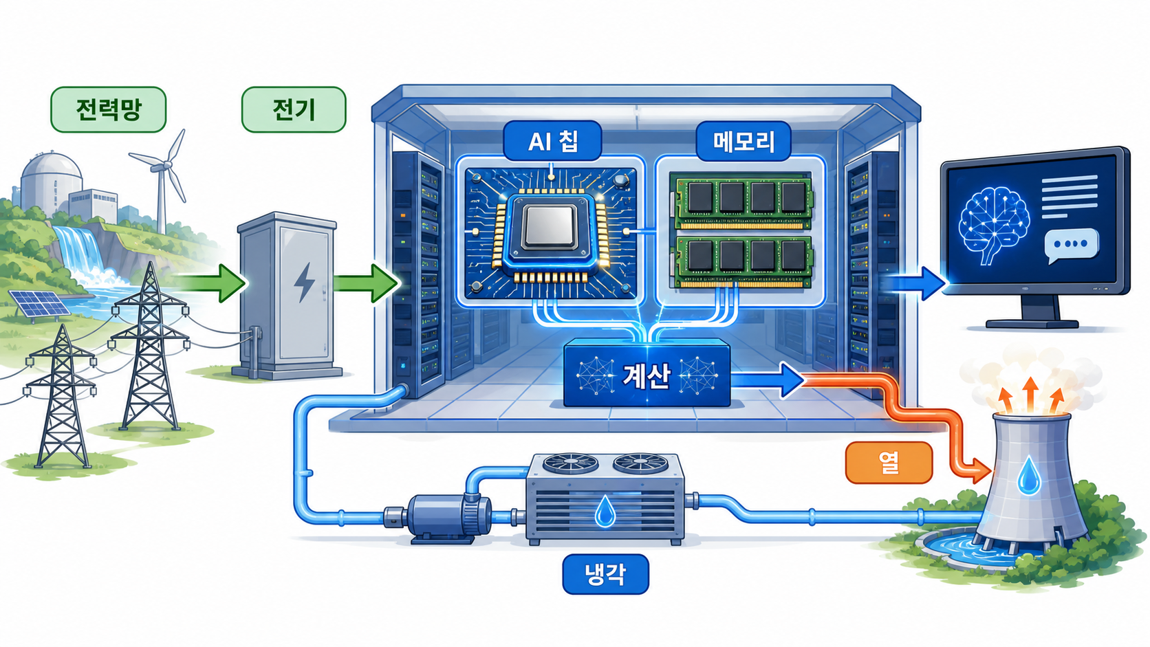 AI의 지능은 전기, 칩, 메모리, 냉각, 전력망, 열 배출 위에서 작동하는 물리적 시스템이다