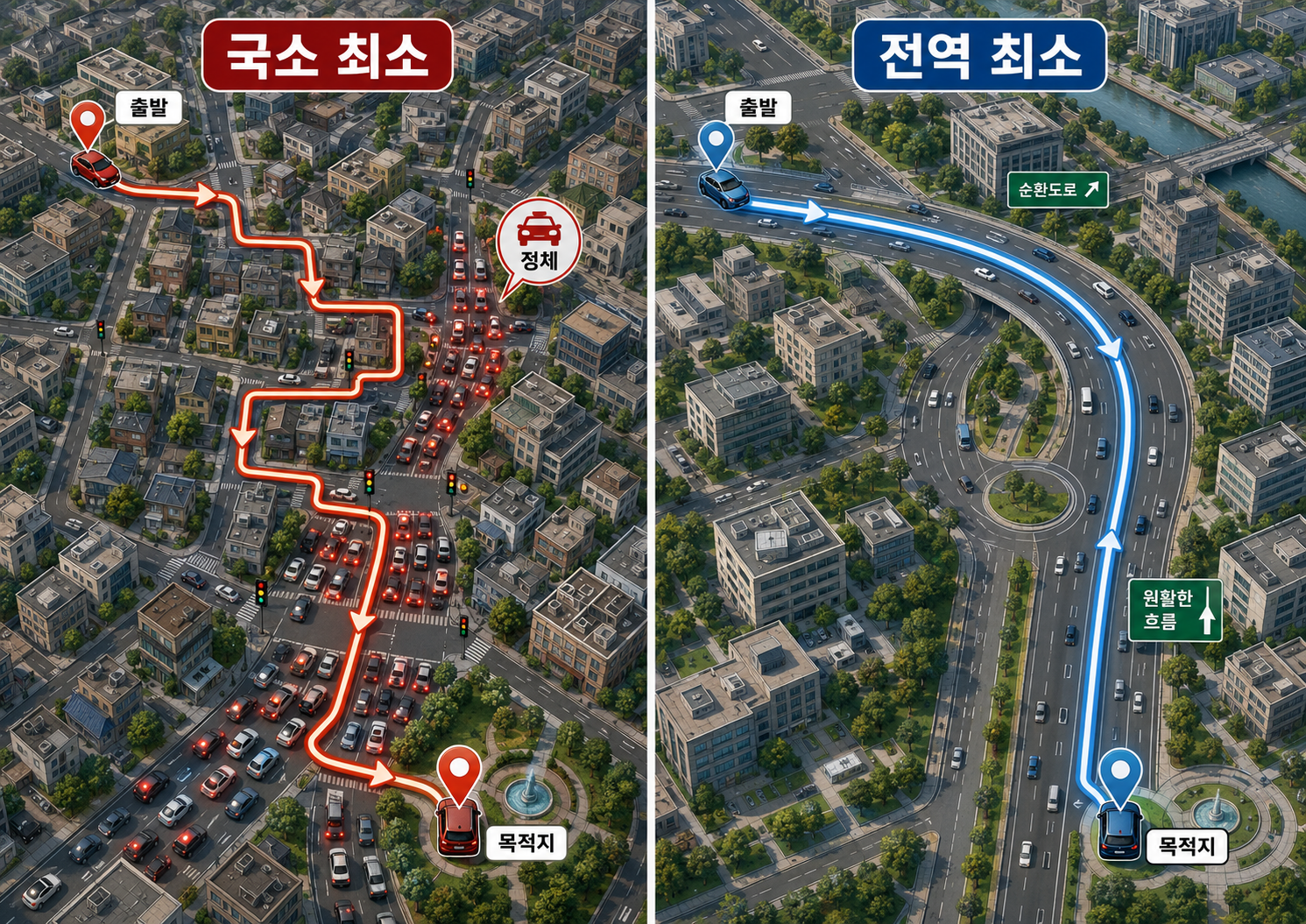 도로 운행으로 비교한 국소 최소와 전역 최소