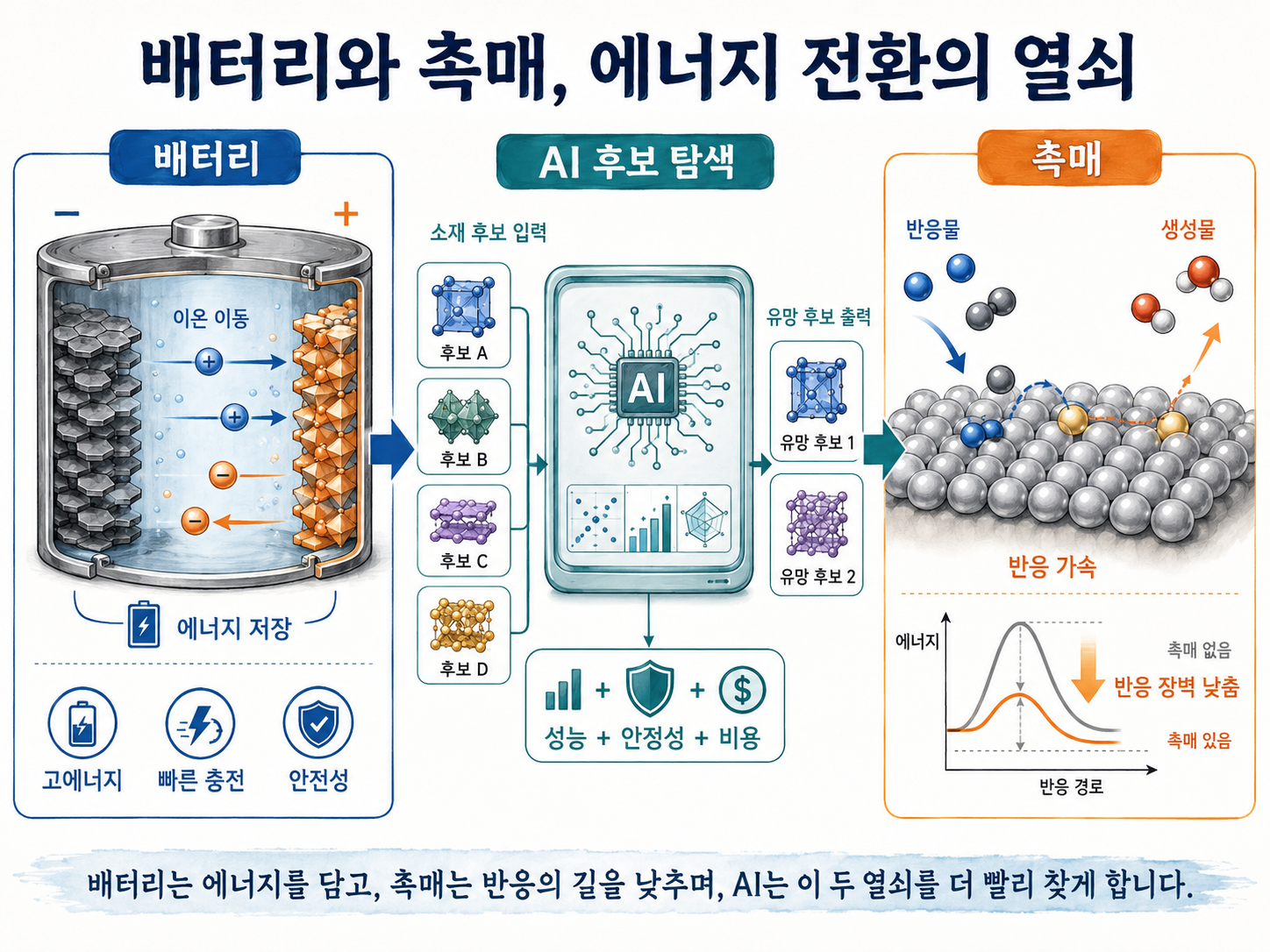 배터리는 전하와 이온의 흐름을 저장하고, 촉매는 반응이 지나는 낮은 길을 연다