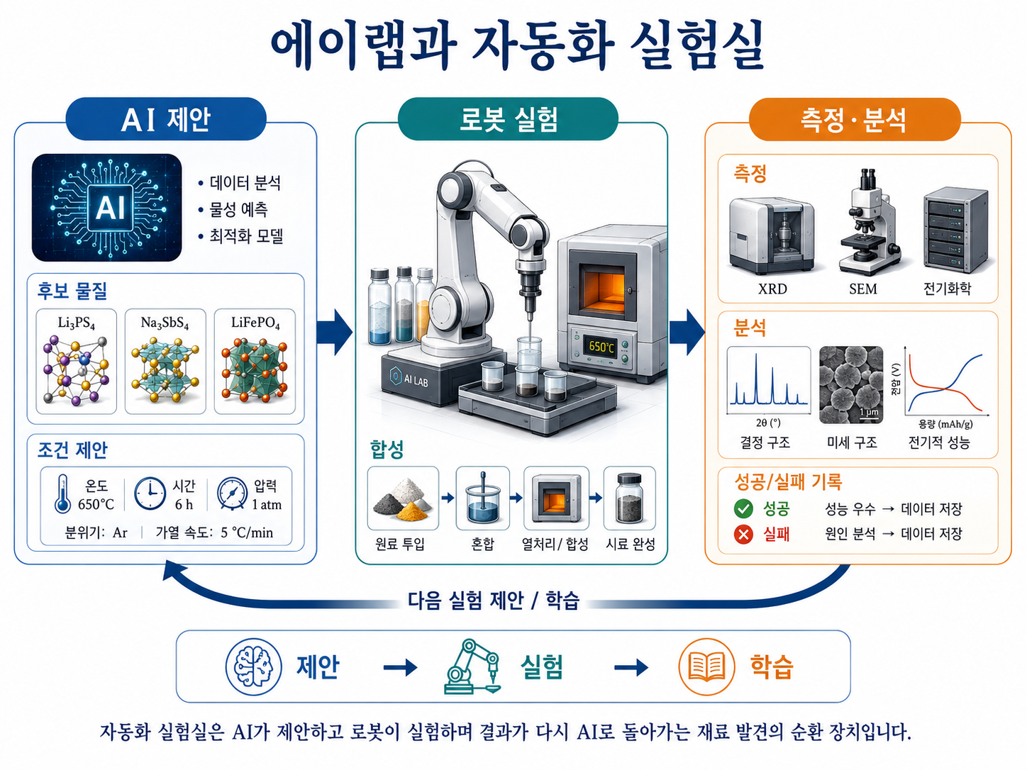 에이랩처럼 AI 제안, 로봇 합성, 측정, 재학습이 순환하는 자동화 실험실