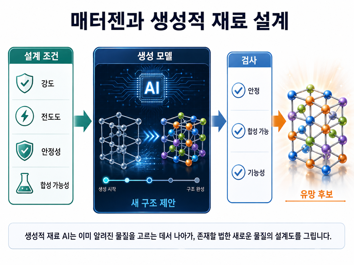 매터젠은 원하는 성질을 조건으로 받아 새로운 재료 구조 후보를 생성한다
