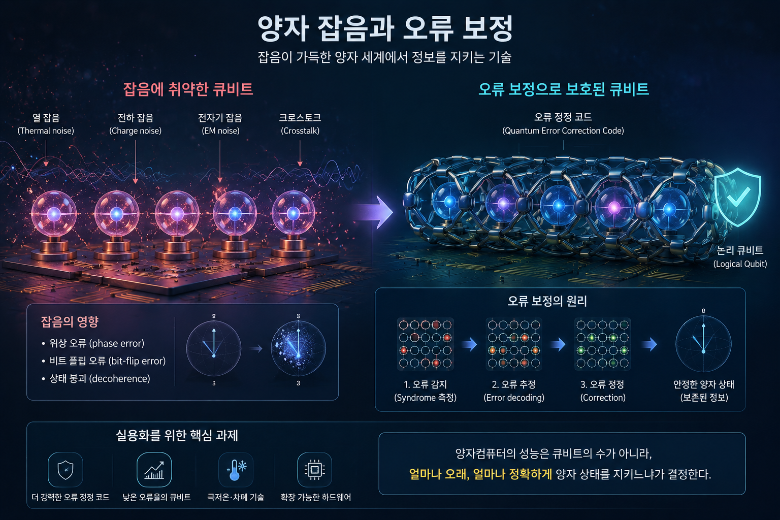 양자 잡음과 오류 보정은 아름다운 양자 알고리즘이 실제 장치 위에서 작동하기 위해 넘어야 할 물리적 장벽이다